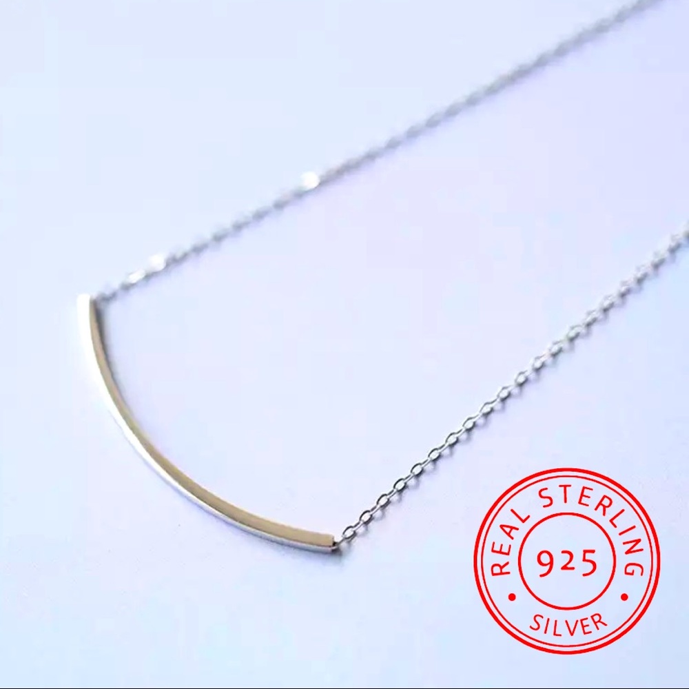 NEW! S925 Sterling Silver Minimalist Trendy High-Polish Curved Bar Necklace!
